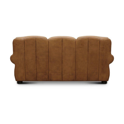 Brown leather loveseat with rolled arms and cushioned seats