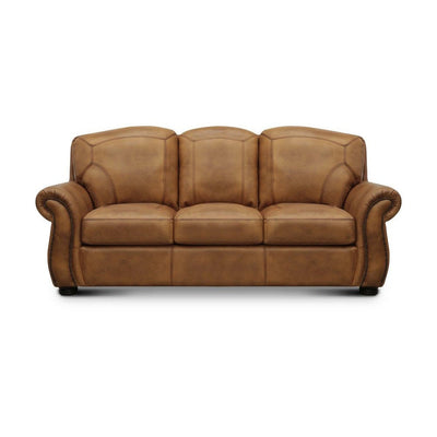 Brown leather loveseat with rolled arms and cushioned seats