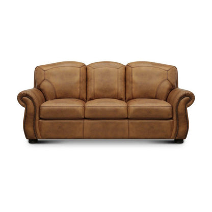 Brown leather loveseat with rolled arms and cushioned seats