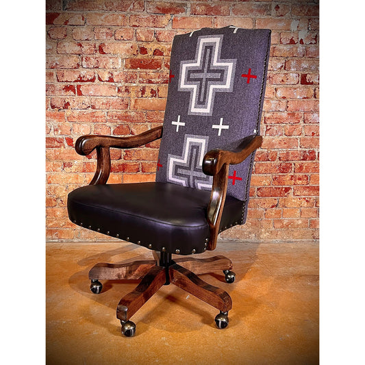 Enhance your office with the San Miguel Black Office Chair. Built with 360 degree swivel for ease of movement, plus a top grain leather seat and solid wood arms for ultimate comfort. The authentic Pendleton fabric adds a touch of Western style, while the casters allow for seamless rolling.