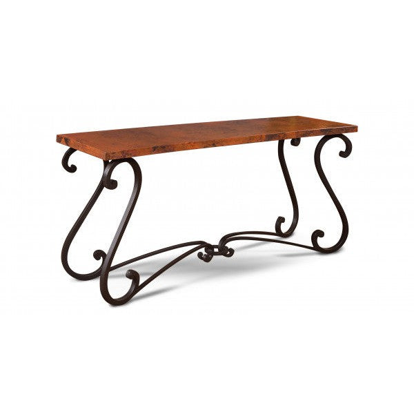 The Segovia Copper Sofa Table is a classic piece of furniture with a timeless appeal. It features a recycled hand-hammered copper top and a forged steel base, resulting in a high-quality piece that is sure to last for years to come. This table is perfect for any home and adds a stylish and sophisticated touch to any living room.