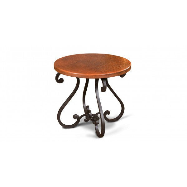 The Segovia End Table is a sophisticated piece of home furniture. It is crafted from high-quality materials, featuring a hand-hammered copper top and a forged iron base for durability and style. Enjoy a beautiful piece of functional furniture that adds a touch of class to any living space.