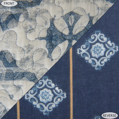 Gently mimic the natural pattern of ocean waves and bring a sense of serenity to your bedroom with the Skyler Quilt Set. Crafted using traditional shibori dyeing techniques to reflect the beauty of the sea, the ornate front reverses to a navy backdrop decorated with golden stripes and medallions. Create a coastal, rustic, or land-meets-sea look with neutral airy or taupe and tan accents.