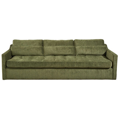 Green velvet sofa with tufted seat and straight arms