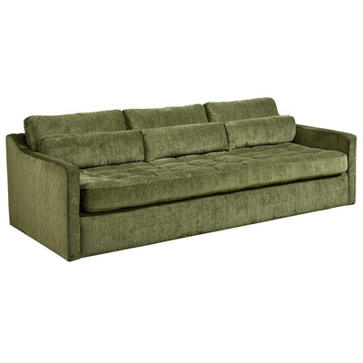 Green velvet sofa with tufted seat and straight arms