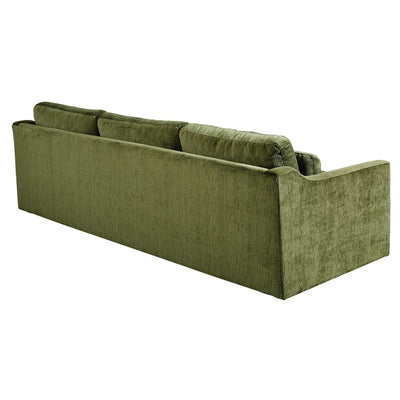 Green velvet sofa with tufted seat and straight arms