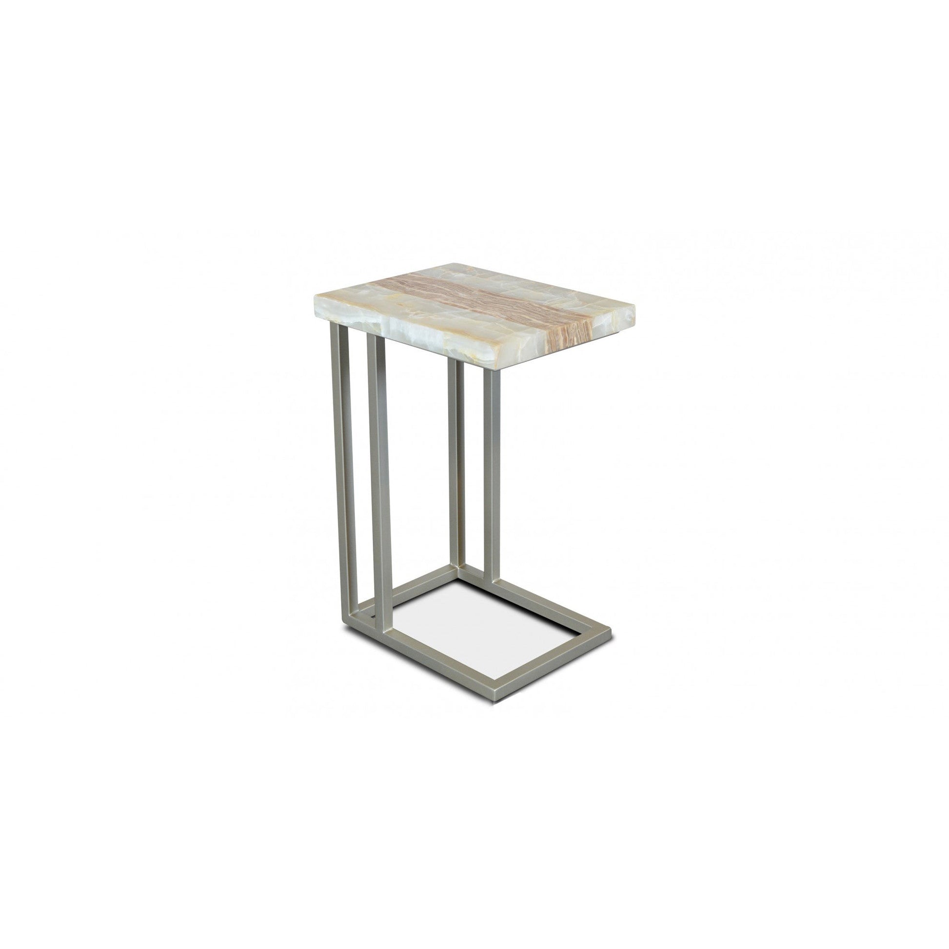 The Spectrum Onyx Top Side Table is a classic piece of furniture crafted from natural Onyx and forged iron, combining durability with timeless elegance. Its solid base ensures stability, while the polished Onyx top adds a luxurious touch to any living space.