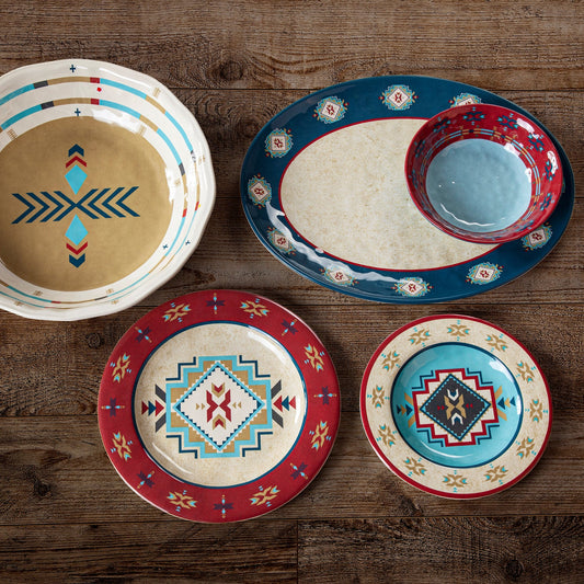 Enliven your space with the Spirit Melamine Dinner Set. Featuring a colorful blend of earthy Aztec-inspired patterns, this set adds a vibrant touch to your dining area. The rich hues are highlighted by a reactive glaze, creating an eye-catching finish.    
