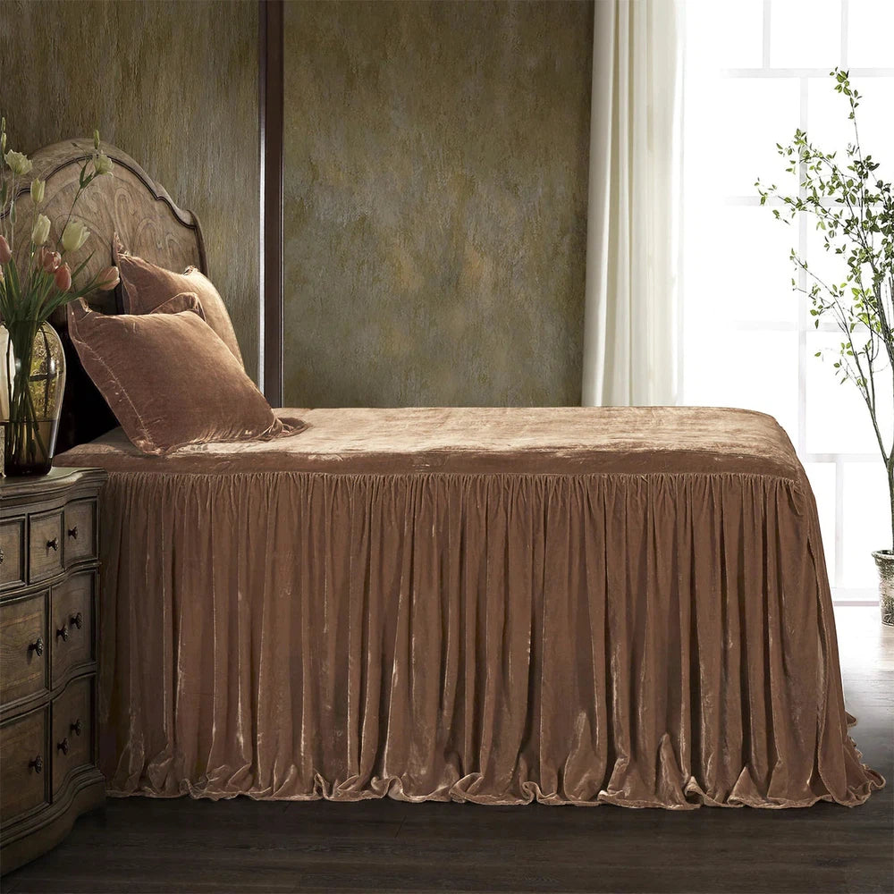 Our Stella Velvet Bedspread Set is crafted with premium faux silk velvet for luxurious softness and a lustrous glow. The sophisticated drape adds an elegant, inviting touch to any bedroom decor, and is available in a variety of neutral and jewel tones. Transform your sleeping sanctuary with its plush comfort and warmth.