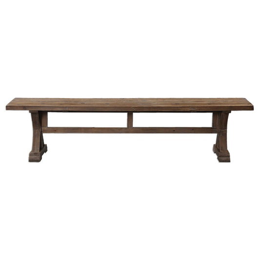 Crafted from salvaged lumber and finished with a stony gray wash, the Stratford Bench offers a unique addition to any home. Each piece is solidly constructed with a carved trestle base that gives it a distinct rustic look. Its hand-distressed finish ensures variations in color and texture, adding authenticity and character that will continue to develop as the solid wood responds to temperature and humidity changes.
