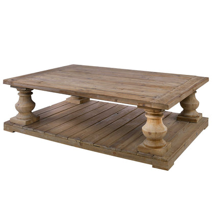 This Stratford Coffee Table is made from salvaged lumber and hand turned balusters, producing a solid construction. It is finished with a stony gray wash and has a sun faded, distressed patina for a unique and traditional look. The solid wood will also adjust to temperature and humidity changes, creating small cracks and an uneven surface adding character and authenticity.