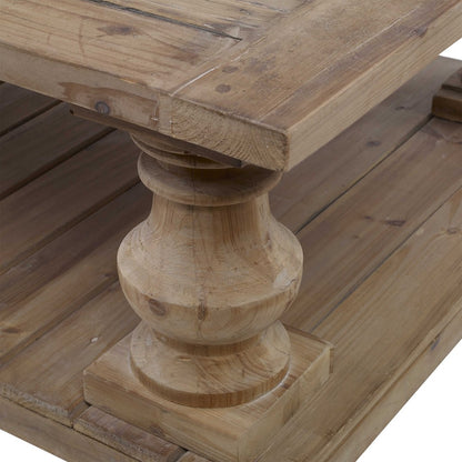 This Stratford Coffee Table is made from salvaged lumber and hand turned balusters, producing a solid construction. It is finished with a stony gray wash and has a sun faded, distressed patina for a unique and traditional look. The solid wood will also adjust to temperature and humidity changes, creating small cracks and an uneven surface adding character and authenticity.