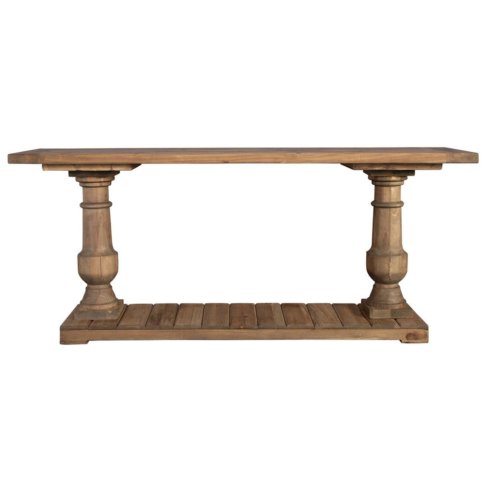 The Stratford Console Table is crafted from sturdy, salvaged fir lumber with a hand-turned baluster. Its sun-faded and distressed patina is complemented by a stony gray wash, creating a unique, rustic look. Each piece is solid wood, ensuring temperature and humidity changes won't affect its stability.