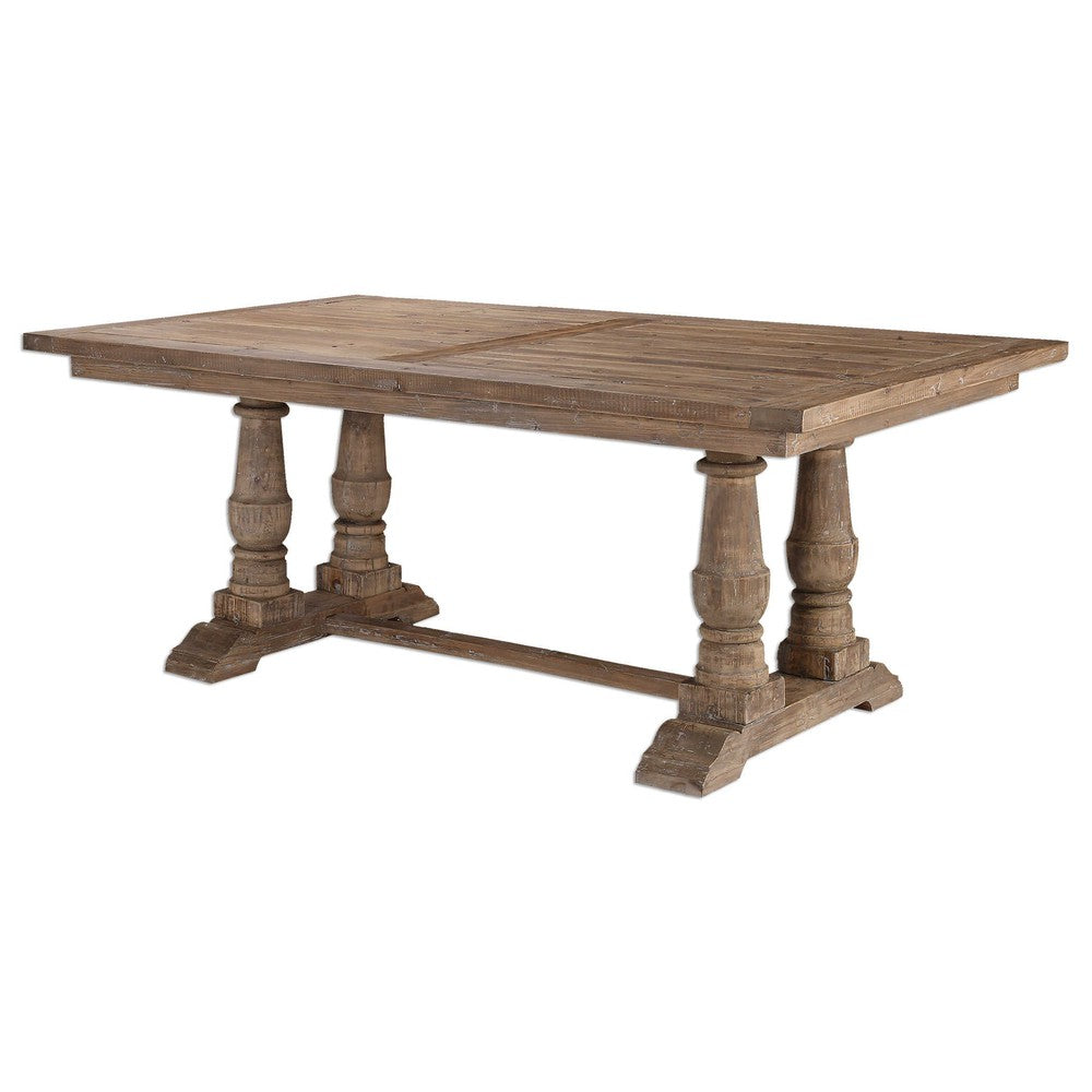This Stratford Dining Table is a beautiful piece of furniture with timeless appeal. 100% reclaimed lumber is sanded and minimally finished with a stony gray wash. The solid wood will naturally move with temperature and humidity changes, creating accentuated distress and unique character. Enjoy enduring style and comfort with this solid wood table.