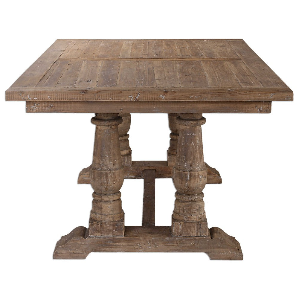 This Stratford Dining Table is a beautiful piece of furniture with timeless appeal. 100% reclaimed lumber is sanded and minimally finished with a stony gray wash. The solid wood will naturally move with temperature and humidity changes, creating accentuated distress and unique character. Enjoy enduring style and comfort with this solid wood table.