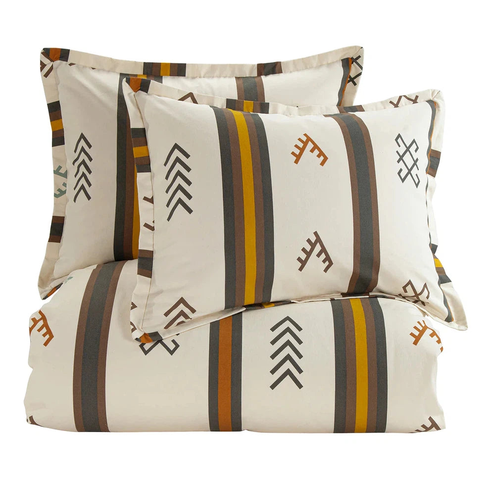 Toluca Canvas Comforter Set will give your bedroom a stylish and modern look. Its geometric motifs and stripes create a classic, yet eye-catching design that is finished with warm desert shades and vintage white. Refresh your bedroom with designer quality and style.