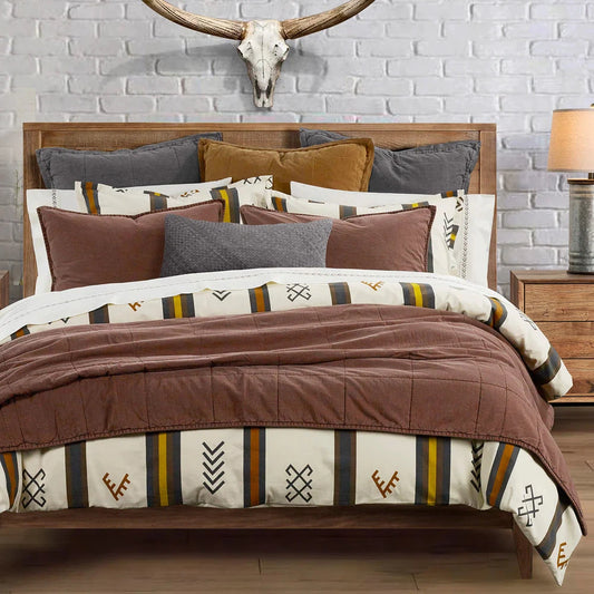 Toluca Canvas Comforter Set will give your bedroom a stylish and modern look. Its geometric motifs and stripes create a classic, yet eye-catching design that is finished with warm desert shades and vintage white. Refresh your bedroom with designer quality and style.