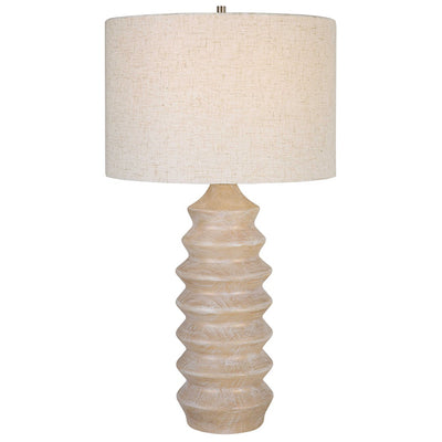 Make a bright statement in your home with the Uplift Table Lamp. It features a carved geometric base in a bleached wood tone look with nickel plated iron details. This modern lamp is finished with a casual oatmeal linen slubbed drum shade, creating a stunning aesthetic