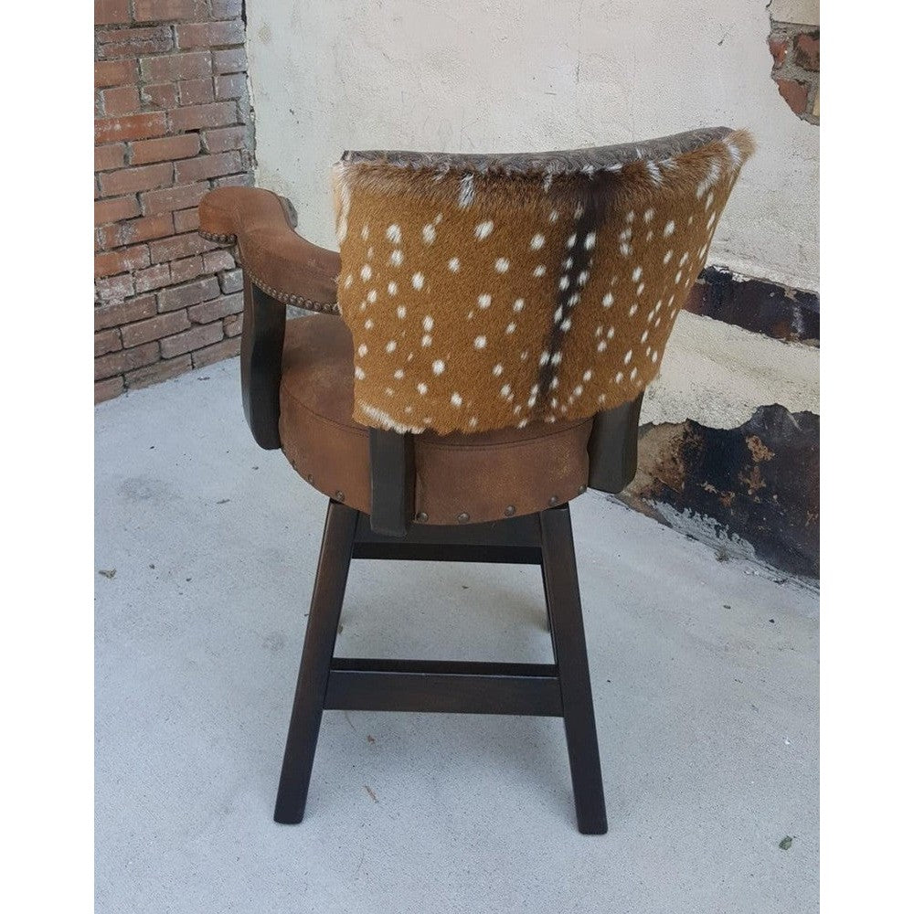 Bring the rustic appeal of the Wild West to your home with the Uptown Cowboy Swivel Stool. Crafted with top grain leather and axis hair on hide, this swivel bar or counter stool also features a stamped leather yoke, and comes in arm or armless options so you can customize it for your space.
