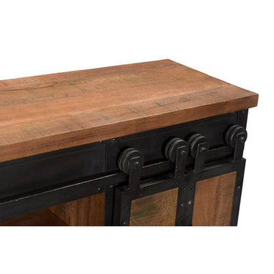 The Weler Sliding Door Entertainment Center offers modern elegance to any living space. Constructed of both mango wood and metal, it provides a sturdy and stylish frame that will stand the test of time. The four sliding doors open to reveal plenty of storage for your media components, movies, and games. Enjoy modern design with lasting durability.