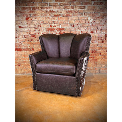 Indulge in luxurious comfort with our Western Coffee Leather Swivel Conch Chair! Made from top grain leather, this elegant chair boasts a 360 degree swivel and higher back for maximum relaxation. Wrapped in cowhide and featuring nailhead trim, it adds a touch of rustic charm to any space.