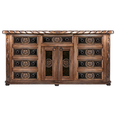 Wooden dresser with ten drawers, two doors, and carved designs