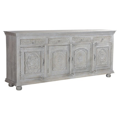 Experience elegance and functionality with our Arabella limestone grey console. Made from hand carved mango wood, this console features four doors and four drawers, offering ample storage space. The antique black finish adds a touch of vintage charm. Upgrade your home decor with this timeless piece.