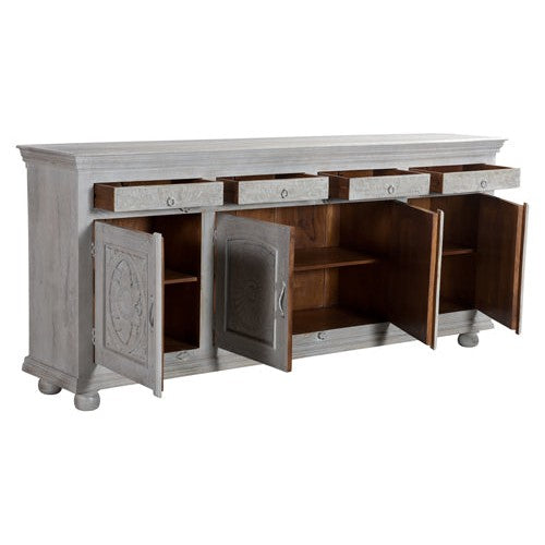 Experience elegance and functionality with our Arabella limestone grey console. Made from hand carved mango wood, this console features four doors and four drawers, offering ample storage space. The antique black finish adds a touch of vintage charm. Upgrade your home decor with this timeless piece.