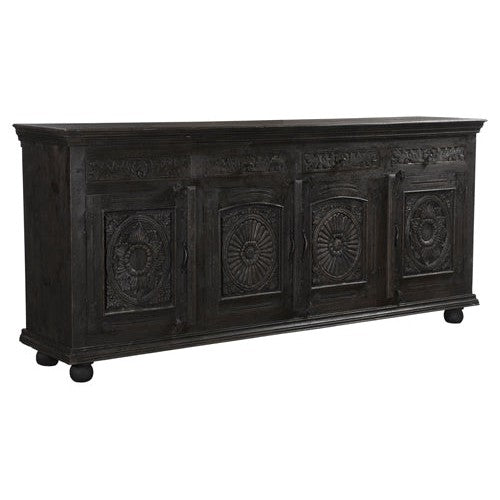 Experience elegance and functionality with our Arabella Antique Black console. Made from hand carved mango wood, this console features four doors and four drawers, offering ample storage space. The antique black finish adds a touch of vintage charm. Upgrade your home decor with this timeless piece.