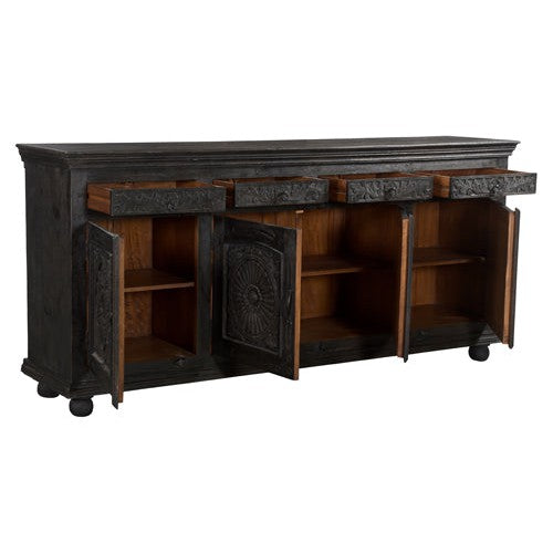 Experience elegance and functionality with our Arabella Antique Black console. Made from hand carved mango wood, this console features four doors and four drawers, offering ample storage space. The antique black finish adds a touch of vintage charm. Upgrade your home decor with this timeless piece.