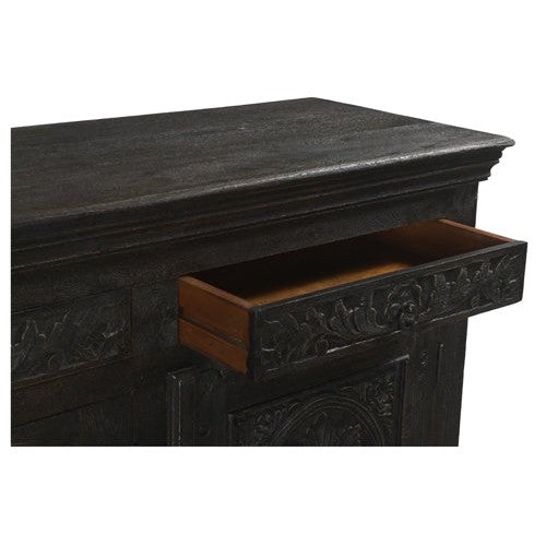 Experience elegance and functionality with our Arabella Antique Black console. Made from hand carved mango wood, this console features four doors and four drawers, offering ample storage space. The antique black finish adds a touch of vintage charm. Upgrade your home decor with this timeless piece.