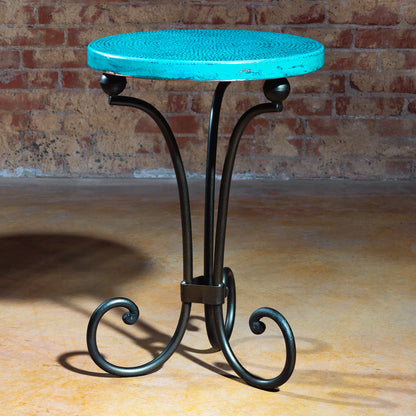 Hero image of The Azul Mesa Accent Table featuring turquoise hammered copper top and wrought iron legs