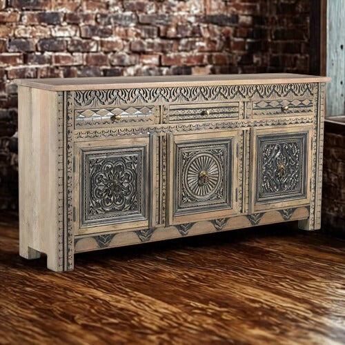 Hanna (3 Door/3 Drawer) Mango Wood Console Beige and Black