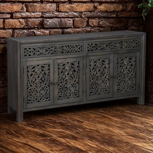 Caprice Distressed Black 2 Door 4 Door Carved Sideboard