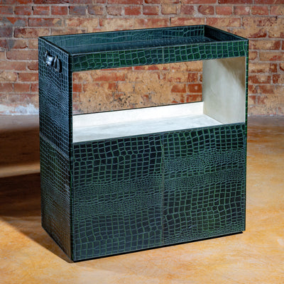 Back view of crocodile leather bar cart with stitched leather detail