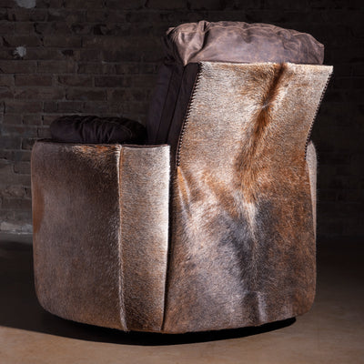 Back view of Bitterroot Hide Cuddler Recliner showing hair-on-hide wrap and nailhead trim, Western leather recliner