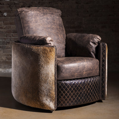 Bitterroot Hide Cuddler Recliner in distressed brown leather with hair-on-hide panels, luxury Western recliner chair