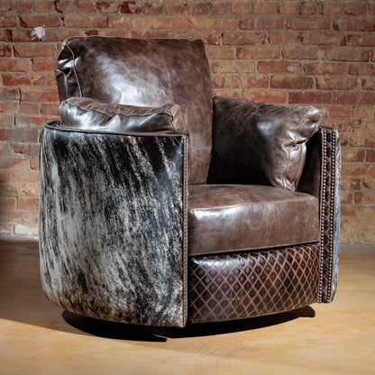 Luxury Western cowhide swivel recliner chair with top-grain leather and brindle hide
