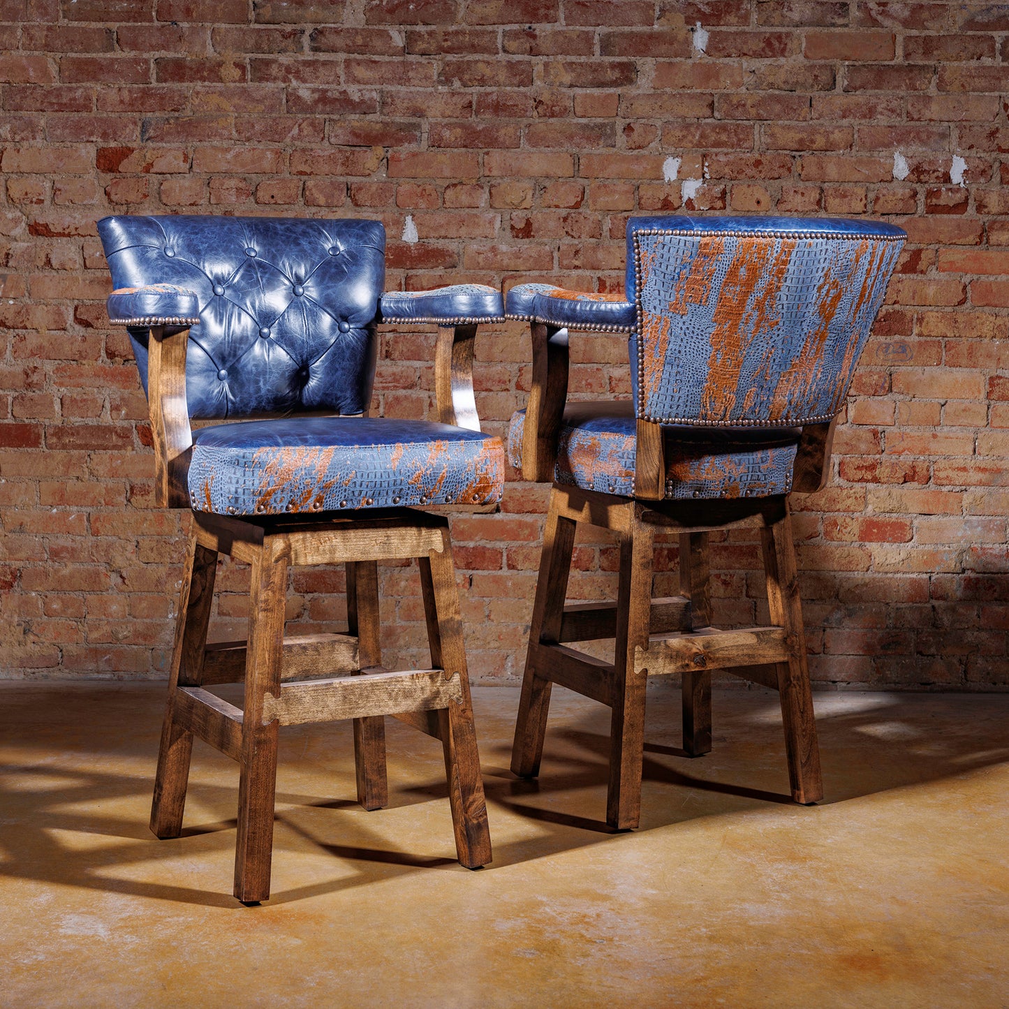 Blue Leather Acid Croc Western Swivel Barstool