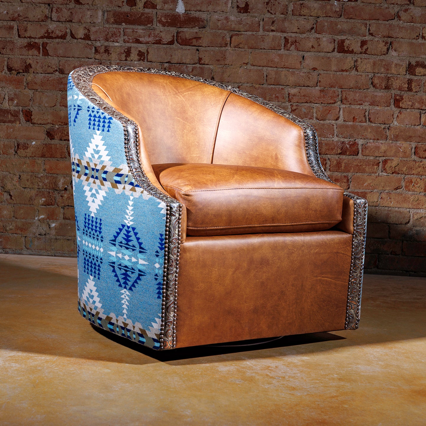 Leather & Pendleton Fabric Accent  Barrel Chair