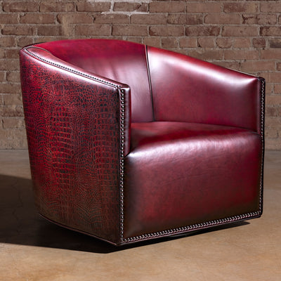 Bordeaux Croc Chair western swivel chair in red top-grain leather with croc-embossed sides and bronze nailhead trim