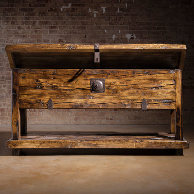 Bosque Timber Vault open lift-top console showing hidden interior storage compartment