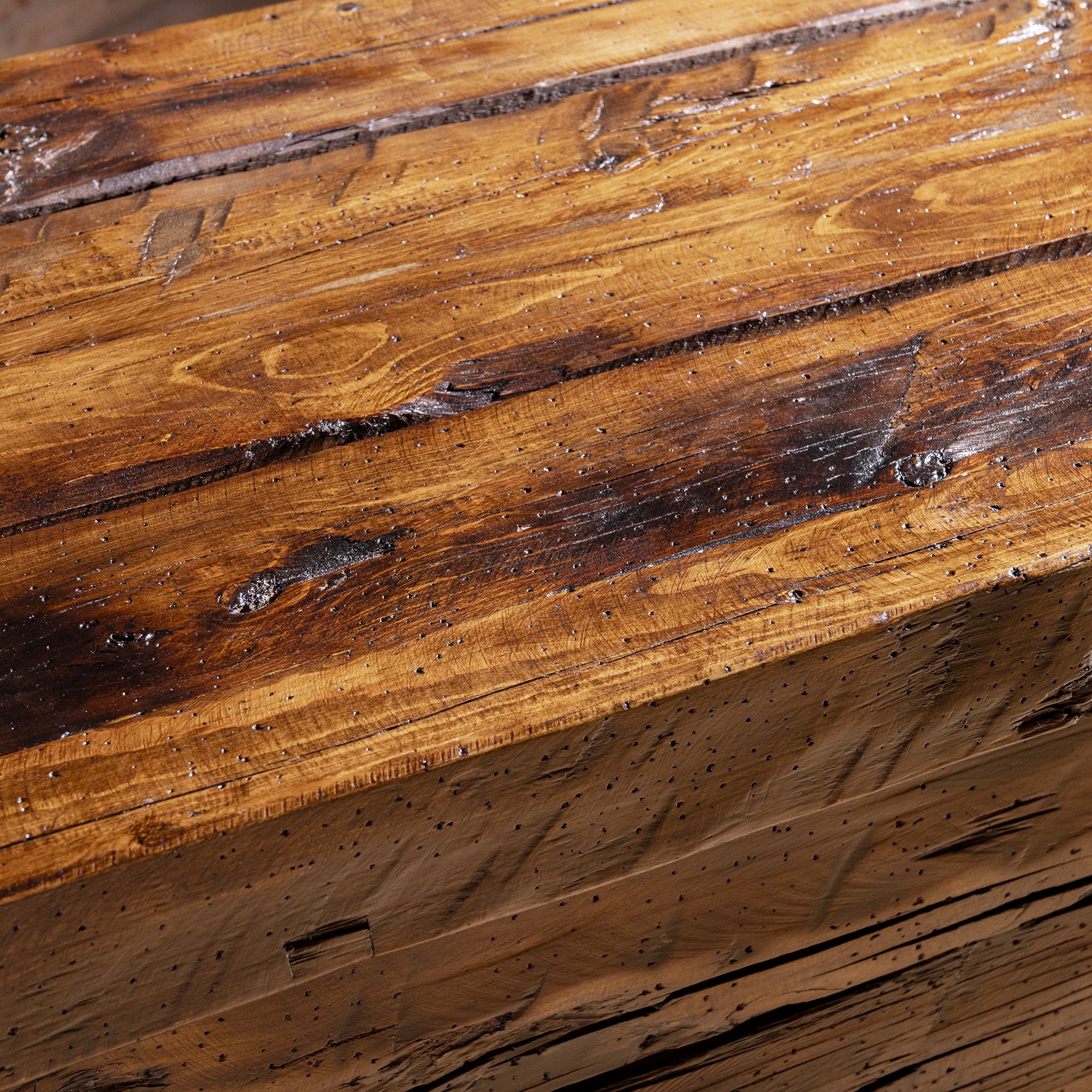 Bosque Timber Vault close view of reclaimed wood grain, knots, and rustic patina