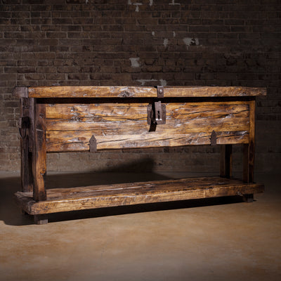 Bosque Timber Vault reclaimed wood Western storage console with lift-top lid and open lower shelf