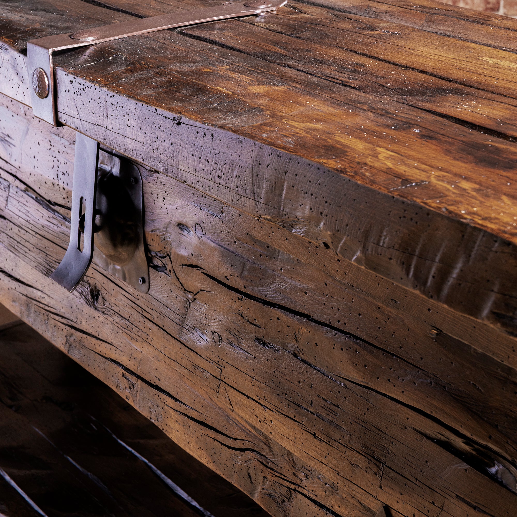 Bosque Timber Vault angled view of Western storage console with iron hardware and shelf