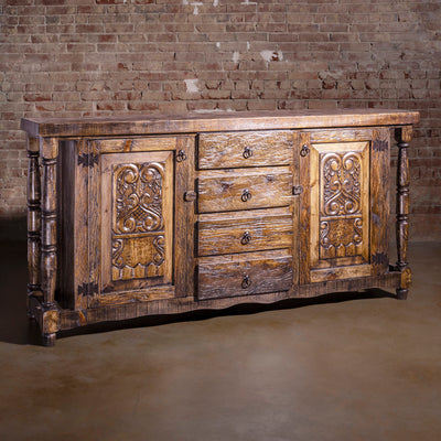 Brazos Carved Heirloom Buffet in reclaimed wood with hand-carved doors