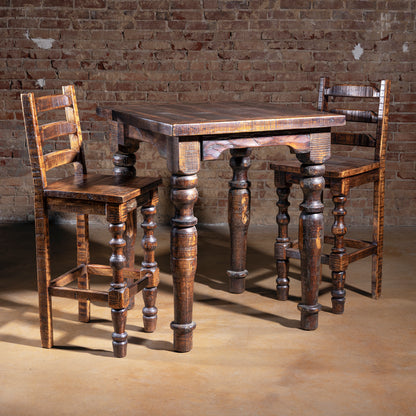 Western pub table styled with matching bar stools.