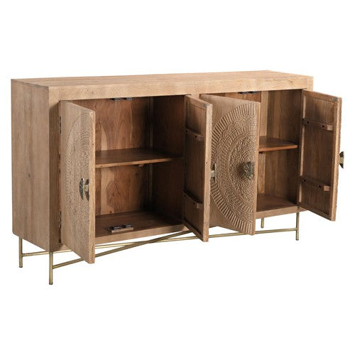 This Brooklyn 4 Door Natural Carved Sideboard boasts hand carved doors with intricate detailing. The spacious storage space allows for neat organization while the gold metal accents add a touch of elegance and durability. Elevate your home decor with this functional and stylish sideboard.