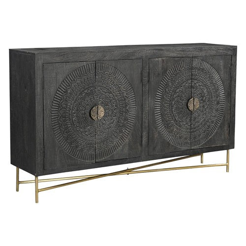 Experience the perfect combination of craftsmanship and modern design with our Brooklyn 4 Door Carved Sideboard. Hand carved doors made from solid mango wood are accented by a sleek metal base with luxurious gold accents. Elevate your space with this unique and stunning piece.