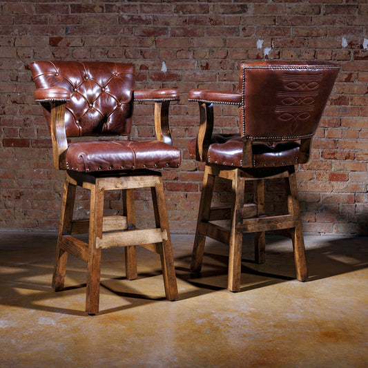 Tufted Leather Western Boot Stitch Swivel Barstool